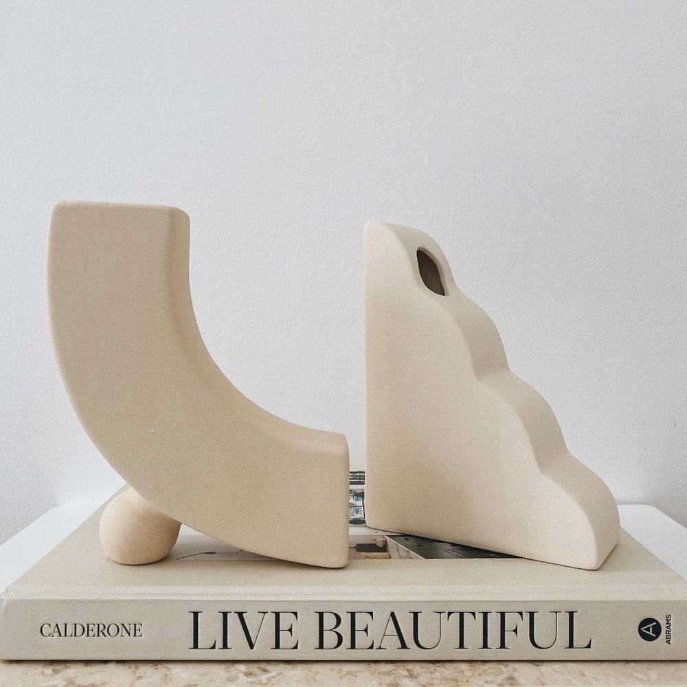 Nordic Beige Ceramic Geometric Shape Vases, Set of 2